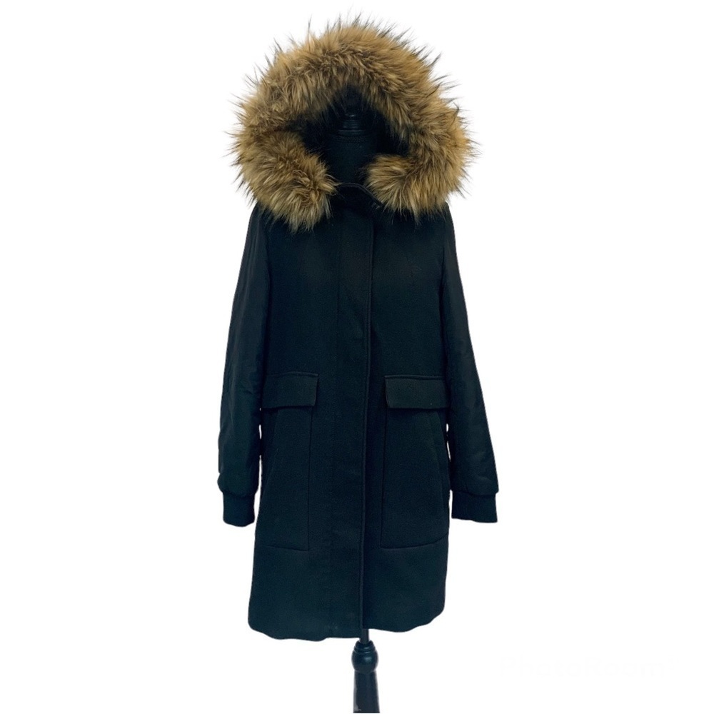 Zara Women’s Black Wool Puffer Sleeve Hooded Fur Zip Peacoat Parka Jacket Sz S